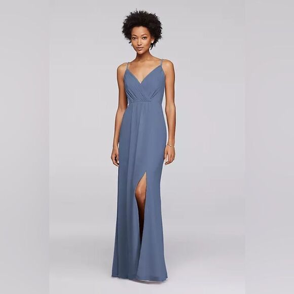 David’s Bridal Long Bridesmaid Dress W/ Beaded Straps STYLE# F19281 Steel Blue 0 - Picture 1 of 14